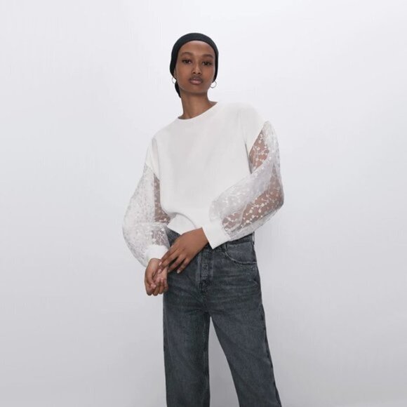 EUC Zara white sweatshirt top w/ sheer floral print sleeves, XS - Picture 6 of 16